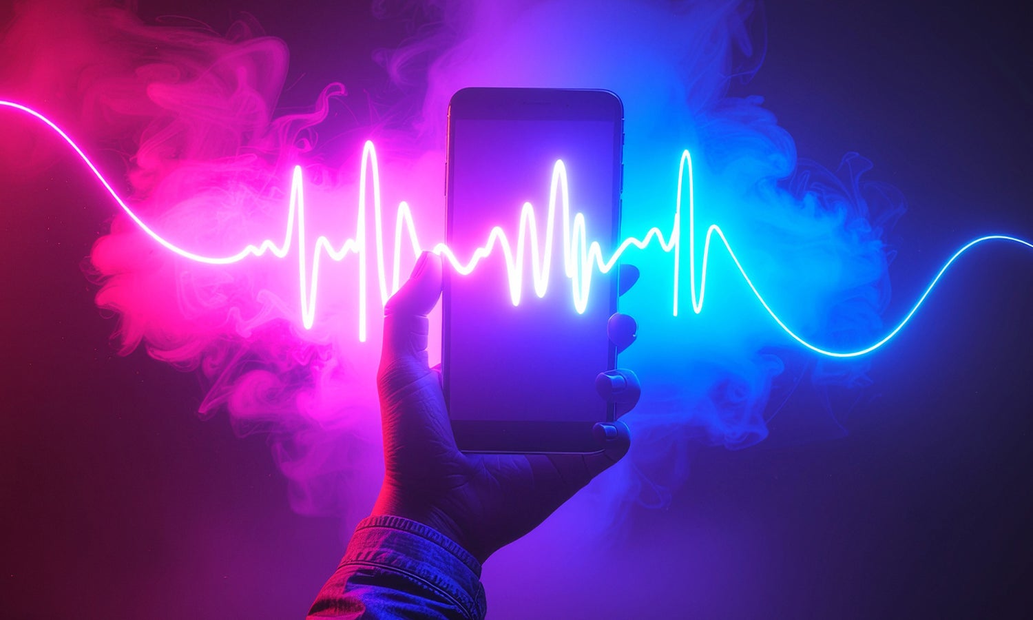 Sound waves seen across the smartphone held in the hand with colorful lights